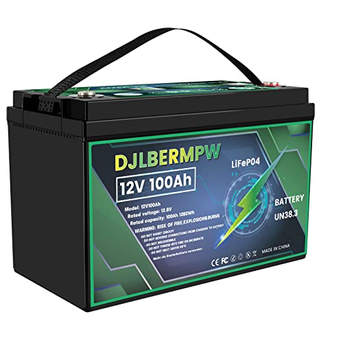 DJLBERMPW Lithium battery, 12V 100AH LiFePO4 Deep Cycle Battery, Up to 4000+ Cycle Built-in 100A BMS, Rechargeable Battery