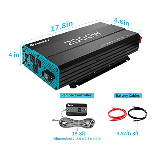 Renogy 2000W Pure Sine Wave Inverter 12V DC to 120V AC Converter for Home, RV, Truck, Off-Grid Solar Power Inverter 12V to 110V with Built-in 5V/2.1A USB Port, AC Hardwire Port, Remote Controller