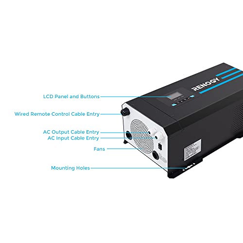 Renogy 3000w Pure Sine Wave Inverter Charger 12V DC to 120V AC Surge 9000w Off-Grid w/ LCD Display, Compatible with Lithium Battery