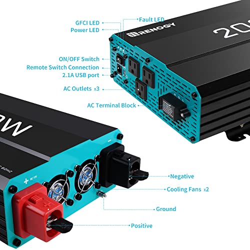 Renogy 2000W Pure Sine Wave Inverter 12V DC to 120V AC Converter for Home, RV, Truck, Off-Grid Solar Power Inverter 12V to 110V with Built-in 5V/2.1A USB Port, AC Hardwire Port, Remote Controller