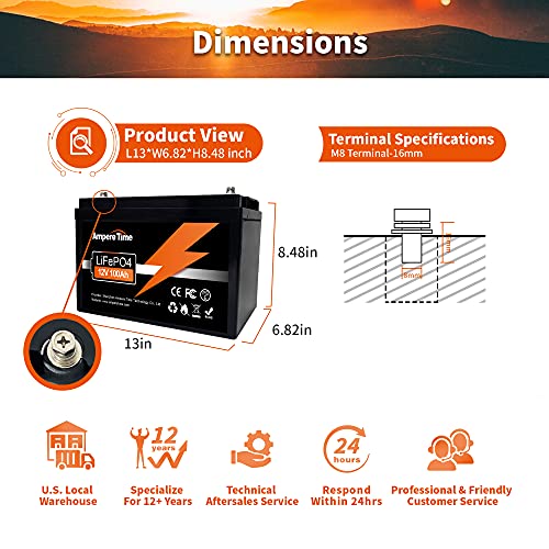 Ampere Time LiFePO4 Deep Cycle Battery 12V 100Ah with Built-in BMS, Perfect for Replace Most of Backup Power and Off Grid Applications...