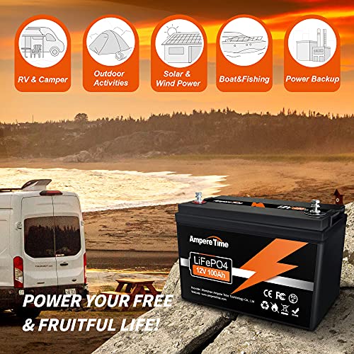 Ampere Time LiFePO4 Deep Cycle Battery 12V 100Ah with Built-in BMS, Perfect for Replace Most of Backup Power and Off Grid Applications...