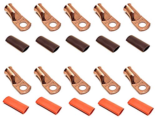 10pcs 1/0 Gauge 1/0 AWG x 3/8” Pure Copper Cable Lug Terminal Ring Connectors with Dual Wall Adhesive Lined Red + Black Heat Shrink Tubing – by WNI